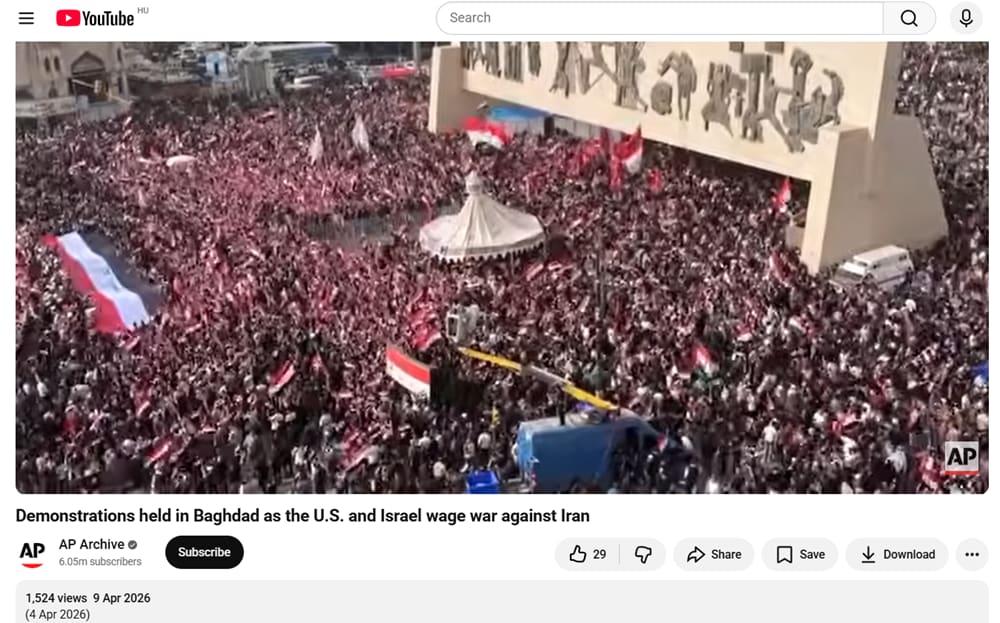 لقطة شاشة للفيديو الذي نشرته وكالة أسوشيتدبرس للتظاهرات في العاصمة العراقية بغداد في 9 أبريل/ نيسان 2026