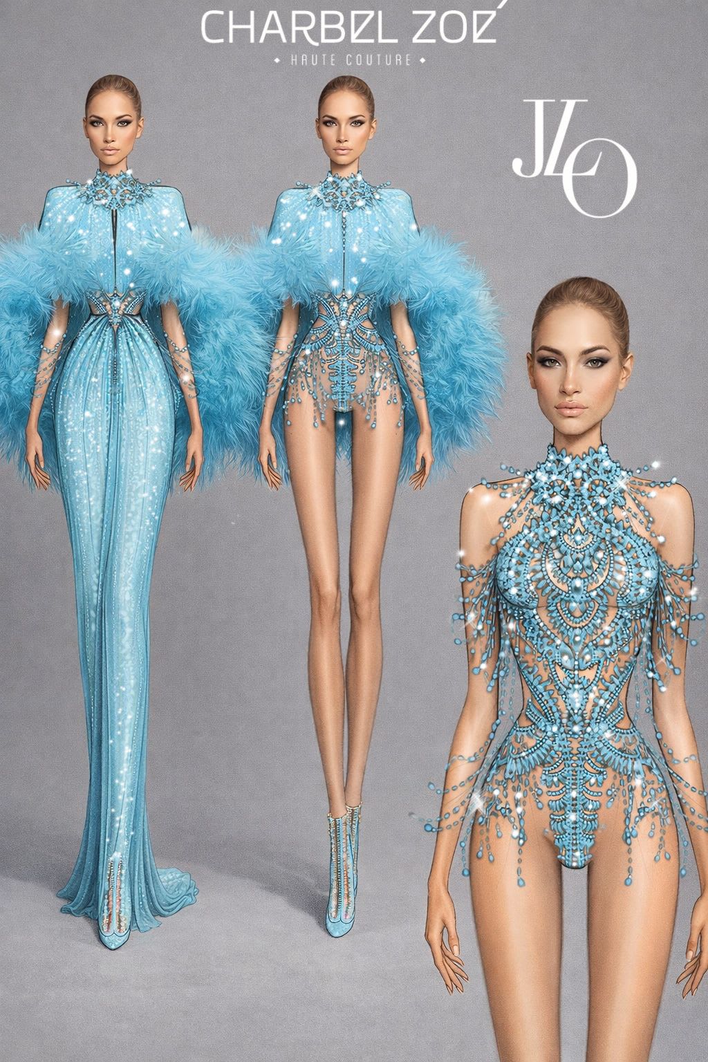 الرسم اليدوي لأحد أزياء النجمة العالمية جنيفر لوبيز في لاس فيغاس بتوقيع المصمم اللبناني شربل زوي. 