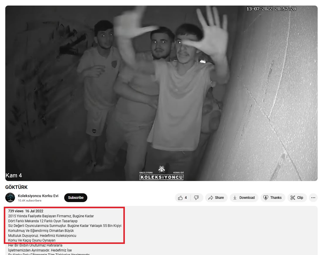 ظهور الفيديو للمرة الأولى بتاريخ 16 يوليو/تموز 2022، في قناة "Koleksiyoncu Korku Evi"  على موقع يوتيوب.