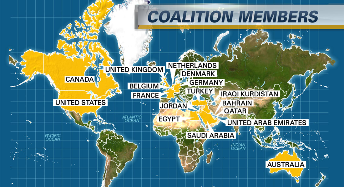 على الخريطة أبرز الدول المشاركة بالتحالف الدولي ضد داعش