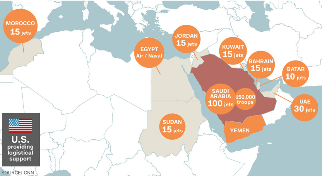 على الخريطة.. الدول ودورها بعمليات عاصفة الحزم ضد الحوثيين
