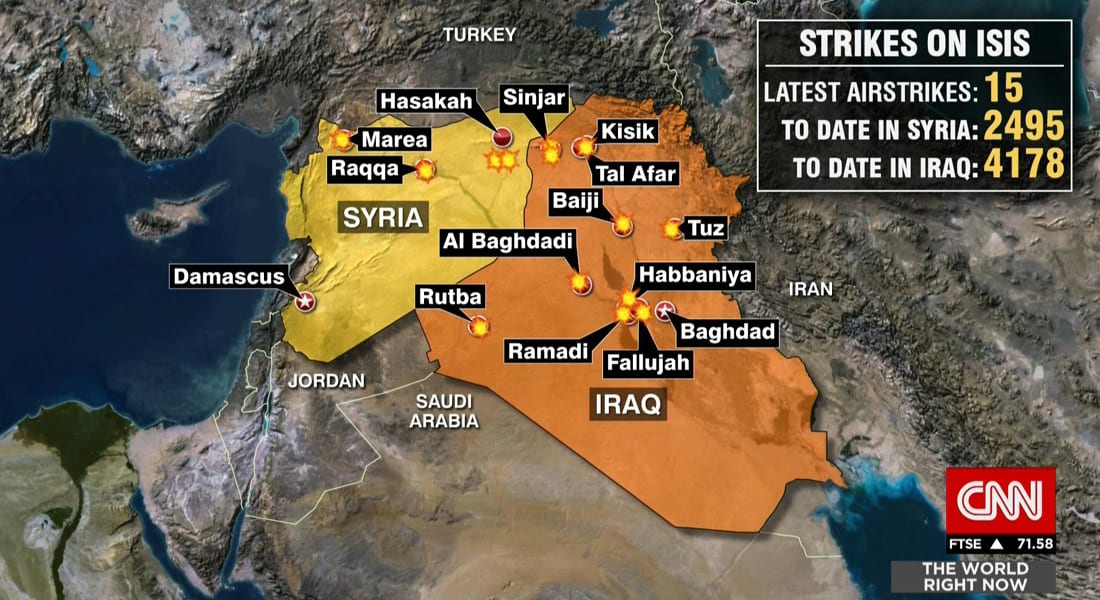 على الخريطة.. آخر تحديث على عدد الغارات ضد داعش بالعراق وسوريا
