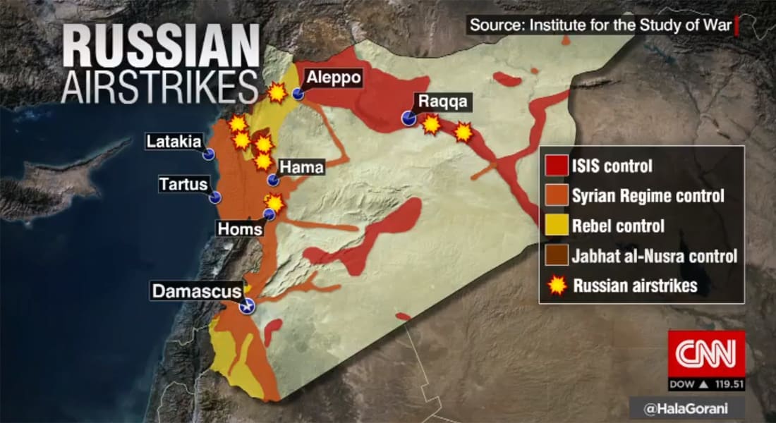 على الخريطة.. المناطق التي استهدفتها الغارات الروسية في سوريا ومن يسيطر عليها