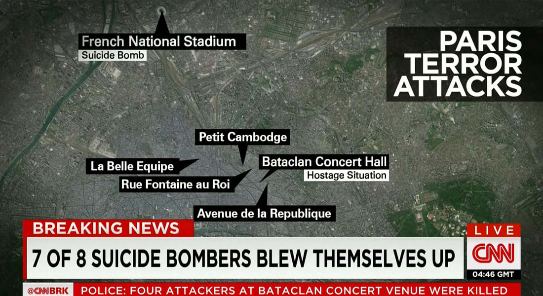 هجمات باريس بـ6 مواقع.. وشاهد: المسلحون بدأوا بإطلاق النار داخل مسرح باتاكلان صارخين "الله أكبر" خلال حفل لفرقة "روك اند رول" أمريكية