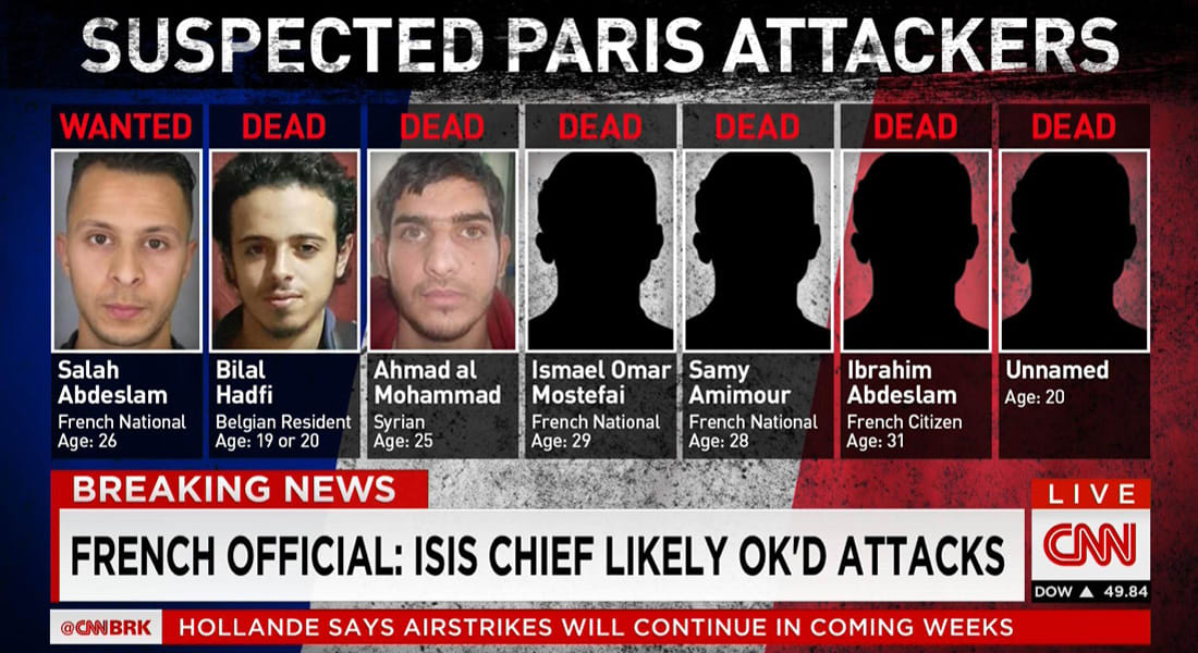 أسماء وأعمار وجنسيات 6 من المشتبه بتنفيذهم هجمات باريس  