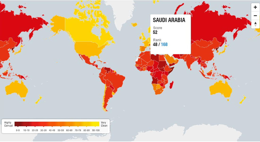 قطر والإمارات "الأقل فسادا" بين العرب.. شاهد ترتيب بلدك في قائمة "الشفافية الدولية" على الخريطة