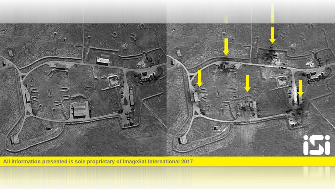 الأقمار الصناعية ترصد قاعدة الشعيرات السورية قبل وبعد الضربة الأمريكية