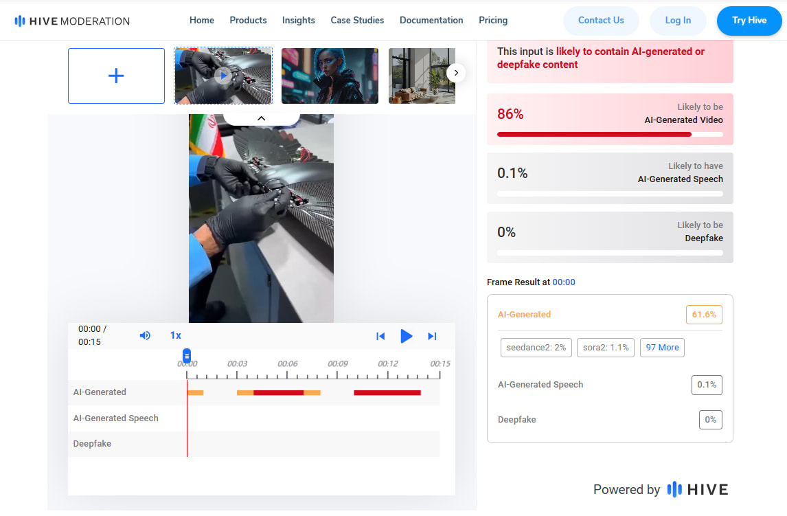 نتائج فحص الفيديو عن طريق أداة Hive Moderation، المعنية بتدقيق المواد المُنشأة بالذكاء الاصطناعي