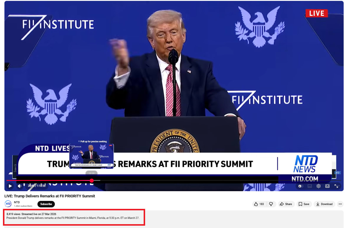 الفيديو  وقت نشره عبر قناة NTD في موقع يوتيوب خلال قمة أولويات معهد الاستثمار الأجنبي في ولاية فلوريدا، الجمعة 27 مارس/أذار الماضي.