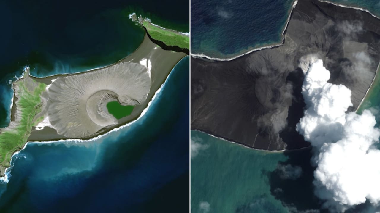 الأقوى منذ 30 عامًا.. صور أقمار صناعية تظهر ما قبل وبعد آثار الانفجار البركاني تحت الماء في تونغا