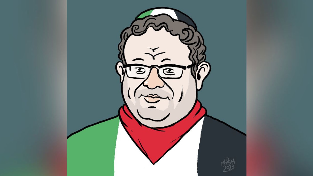 لوحة للفنان ميش تظهر الوزير الإسرائيلي إيتمار بن غفير، الذي أصدر أمر حظر العلم الفلسطيني في الأماكن العامة