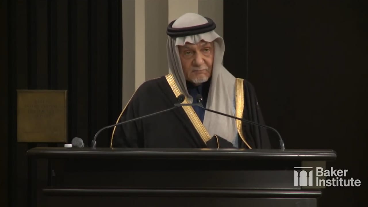 شاهد ما قاله الأمير تركي الفيصل عن غزة وحماس وإسرائيل أمام معهد بيكر الدولي