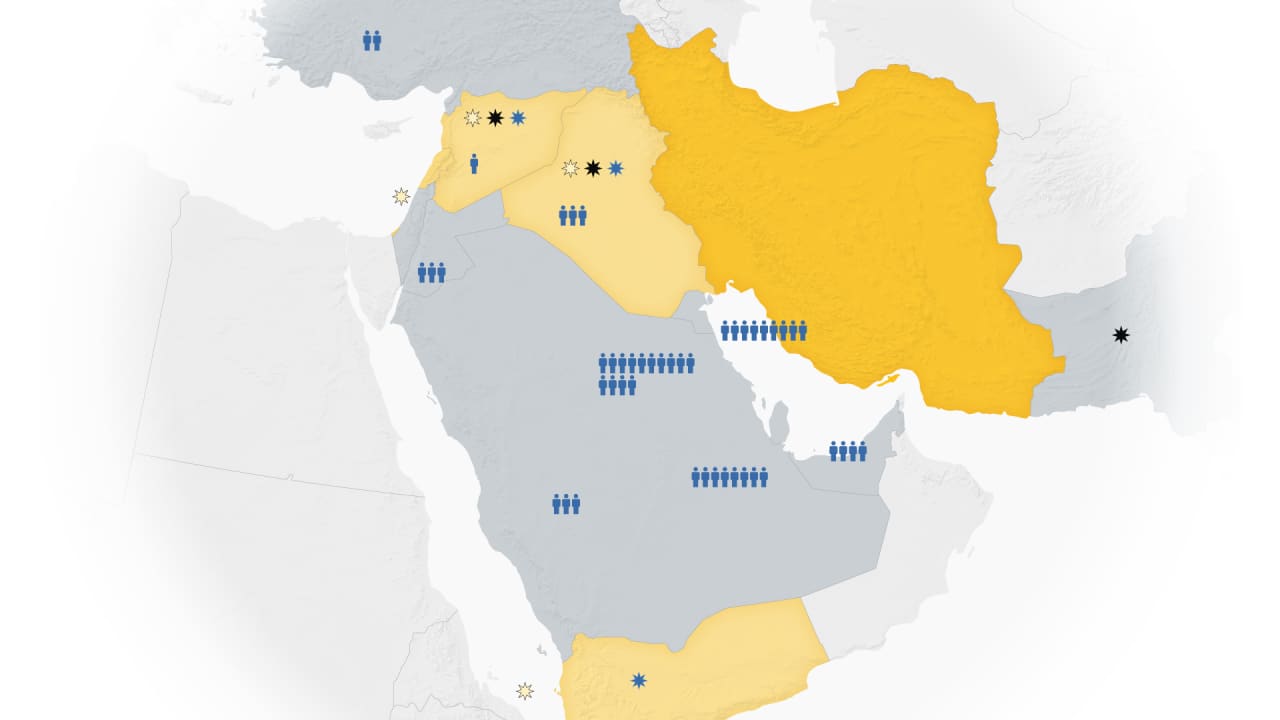 خريطة توضح مناطق وجود إيران وحلفاؤها وتمركز القوات الأمريكية في الشرق الأوسط