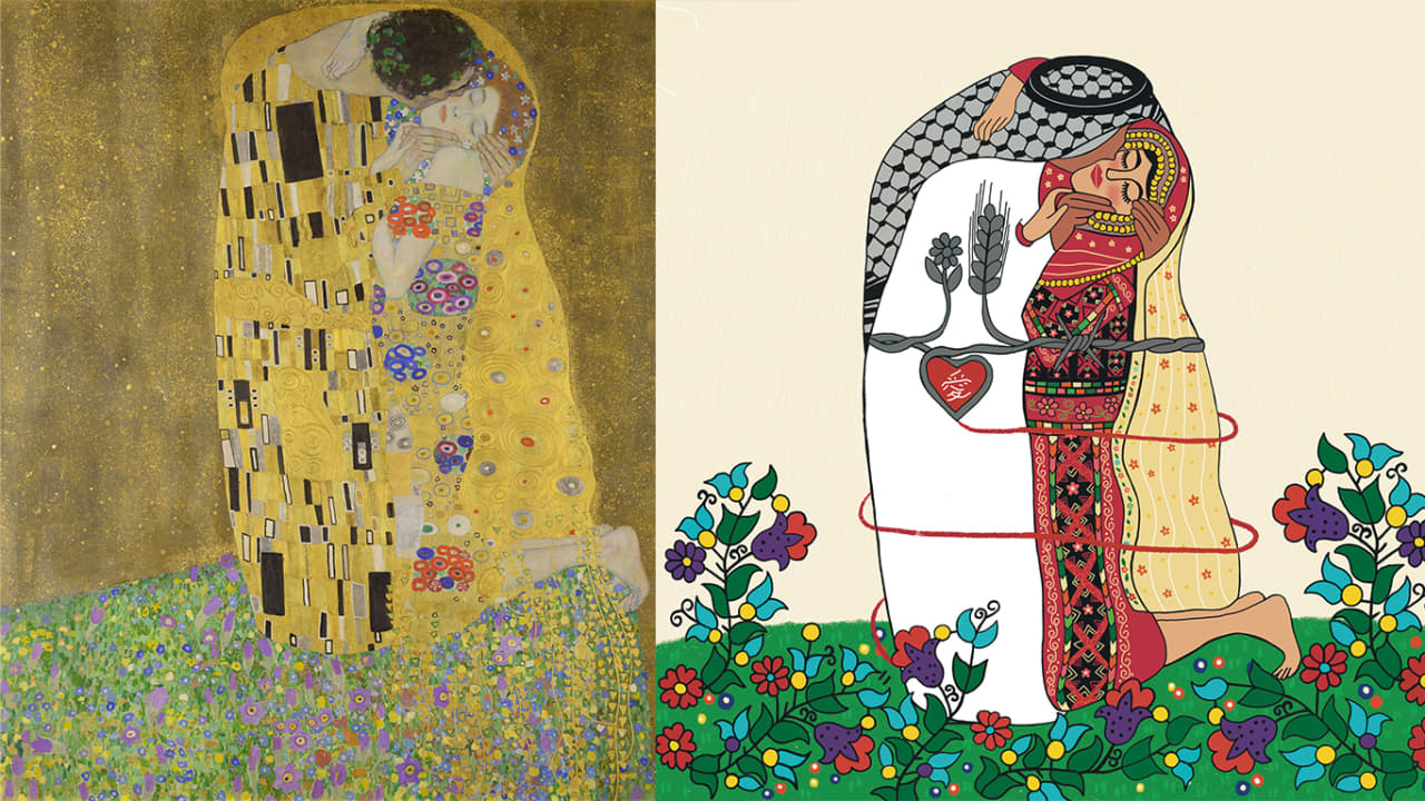 تُظهر عاشقين متعانقين.. فنانة تضيف لمسات عربية على لوحة "القبلة" الشهيرة