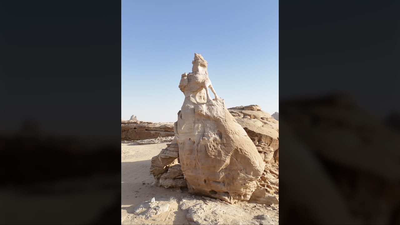 عروس تمسك بثوبها وسط الرمال.. الطبيعة تنحت امرأة من الصخر بالسعودية
