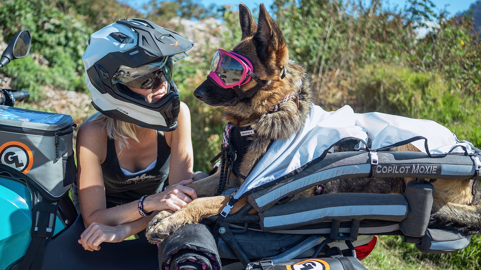She rides a motorcycle with her cute glasses.. This woman travels with her huge dog 