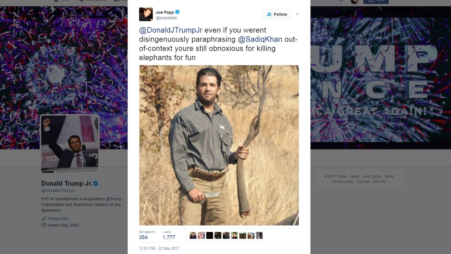 قاتل حيوانات بغيض هكذا هاجم رواد تويتر نجل ترامب لسخريته من عمدة لندن المسلم Cnn Arabic