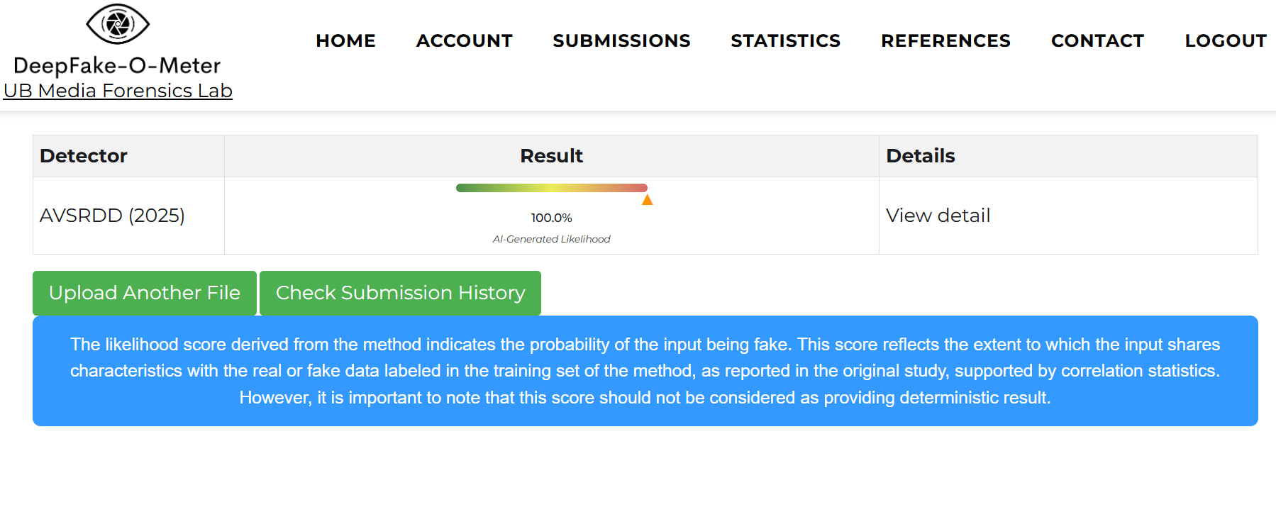 نتائج تحليل الفيديو عبر أداة DeepFake-O-Meter