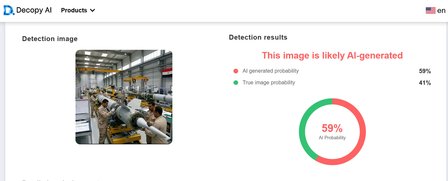 لقطة شاشة لنتائج فحص إحدى الصور المتداولة الزائفة عبر أداة decopy.ai