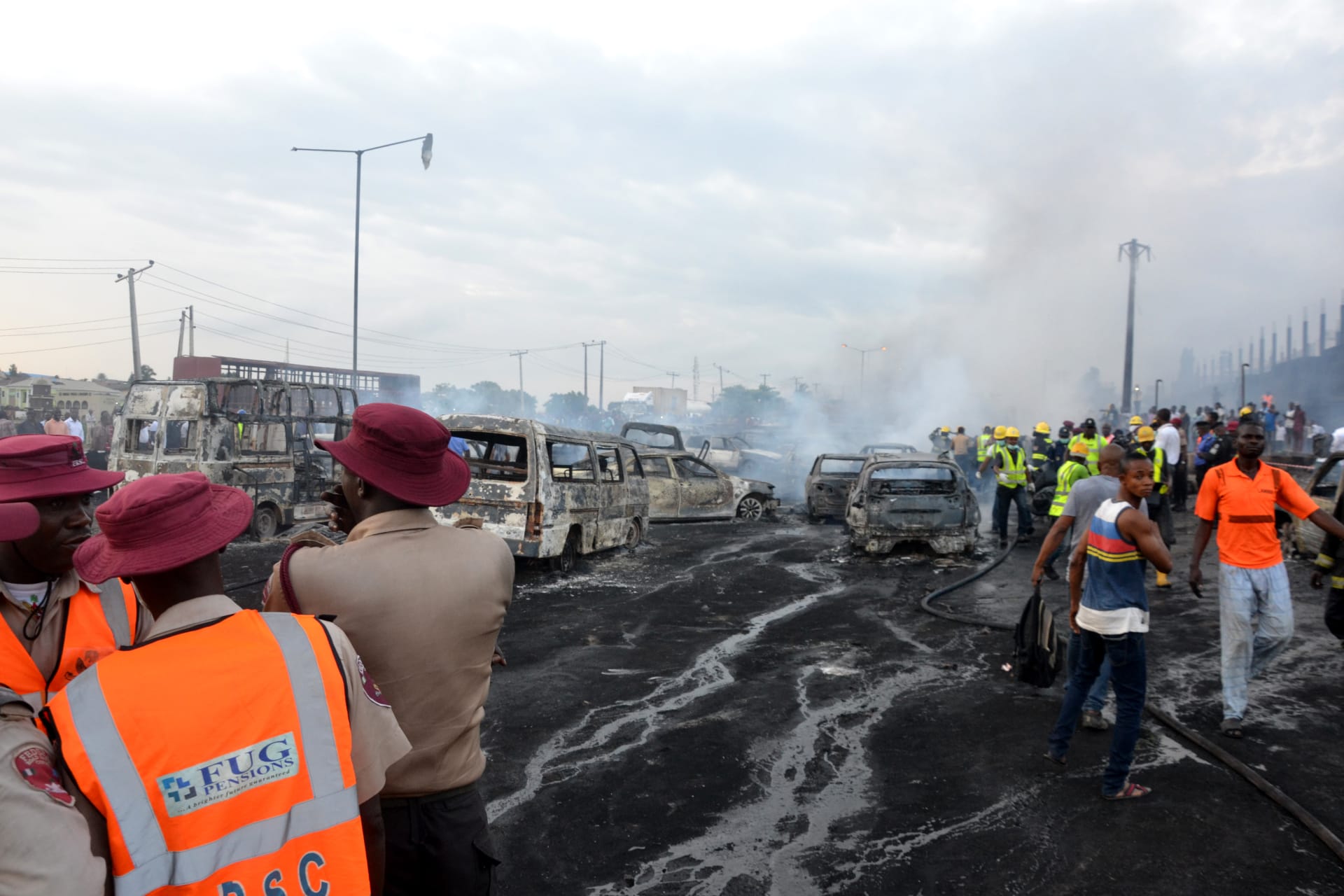 scene of an oil tanker explosion on a highway on June 28, 2018 in Lagos