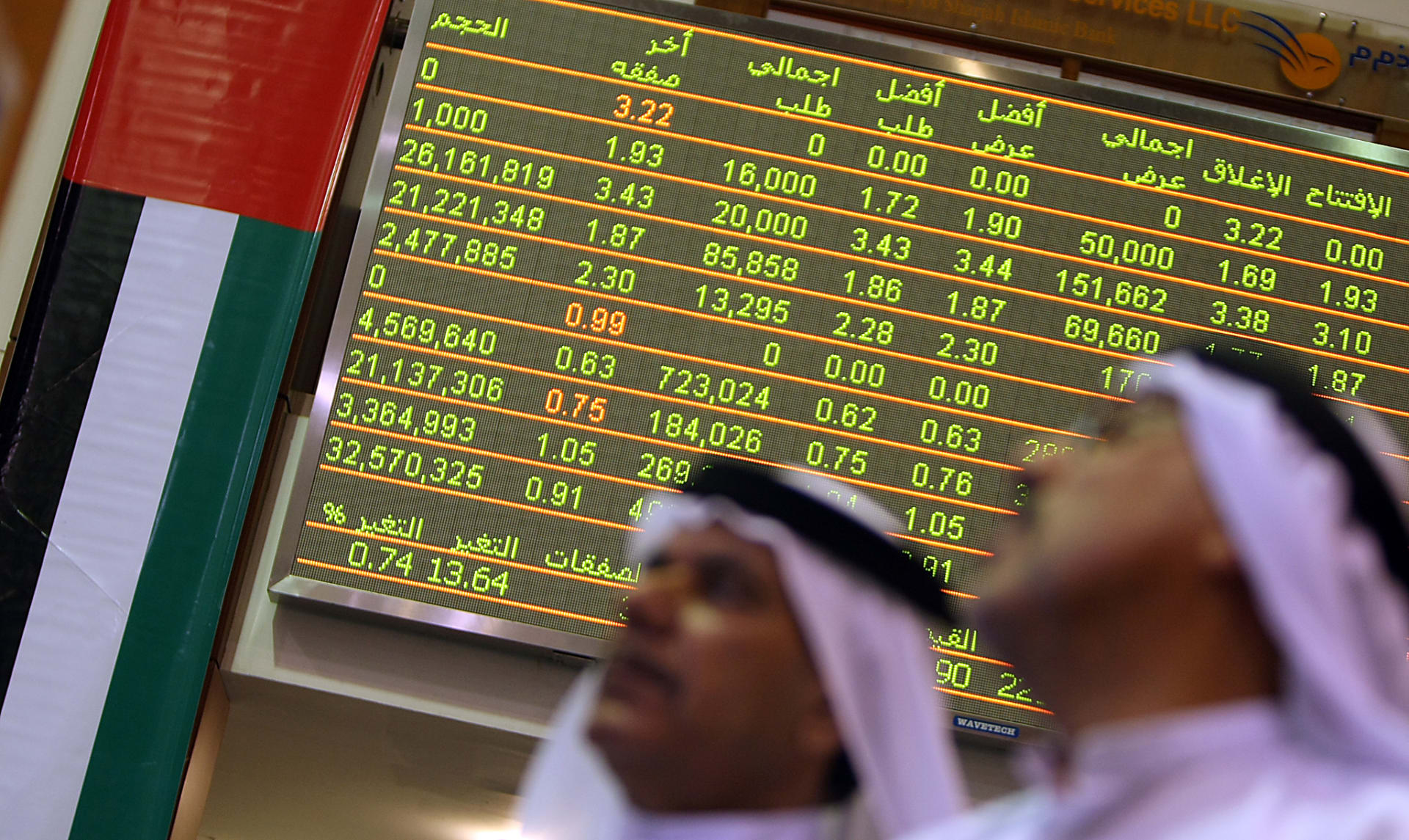 يتابع التجار الإماراتيون نشاط سوق الأسهم في سوق دبي المالي في 6 ديسمبر 2009.