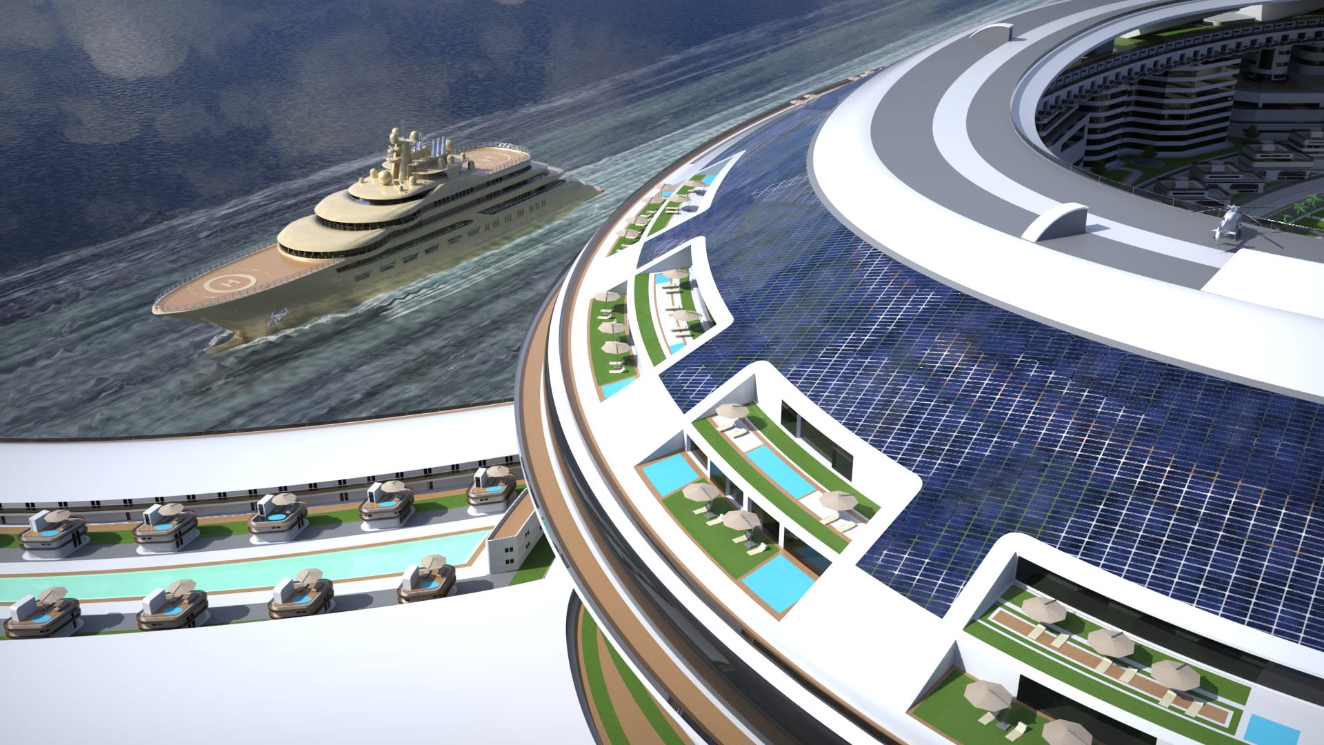 "schwimmende Stadt" In Form einer Schildkröte. Offenlegung von Plänen zum Bau der größten Yacht der Welt in Saudi-Arabien