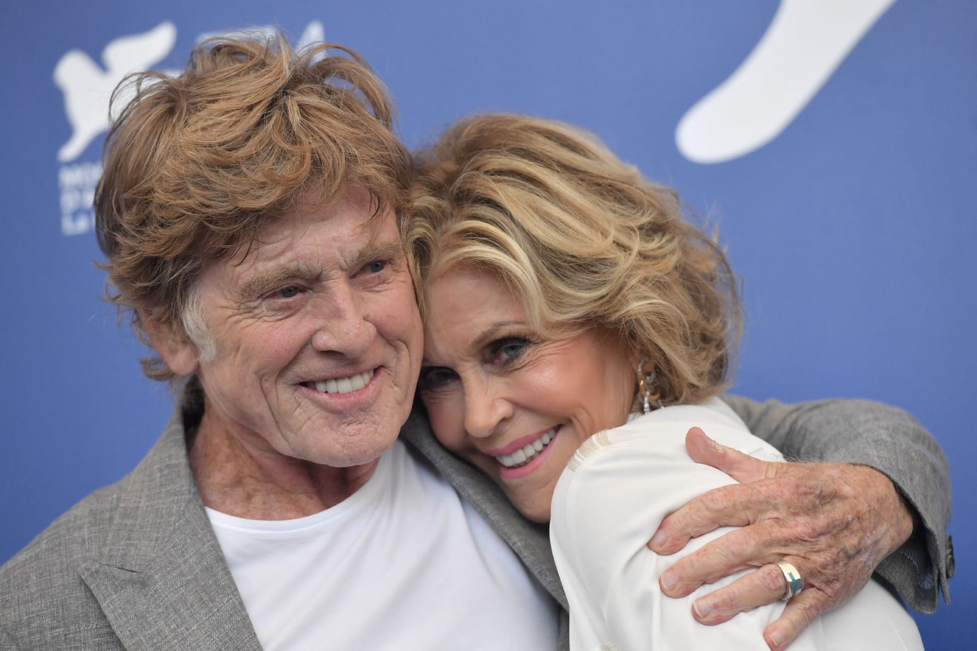 Jane Fonda and Robert Redford attend a photocall during the 74th Venice Film Festival
