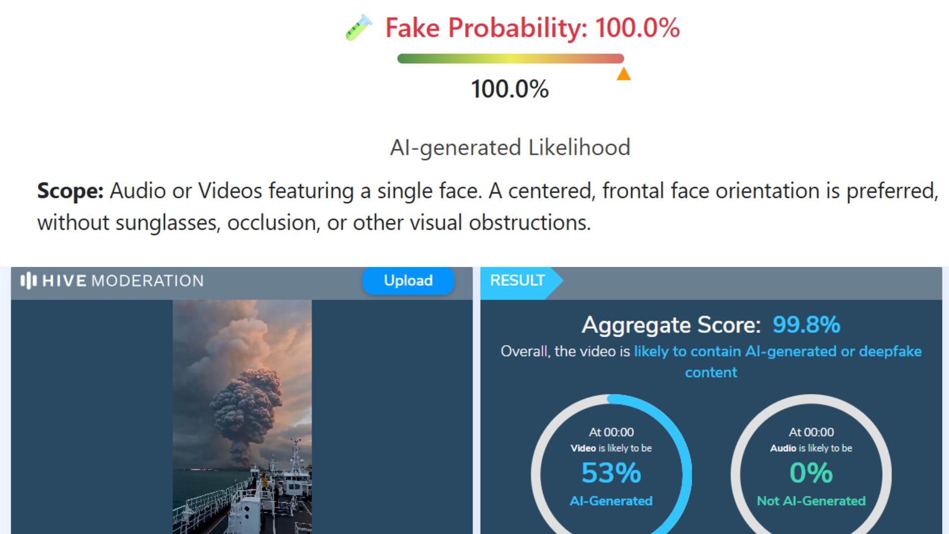 نتائج فحص الفيديو عبر أداتي Deep Fake O Meter وHive Moderation