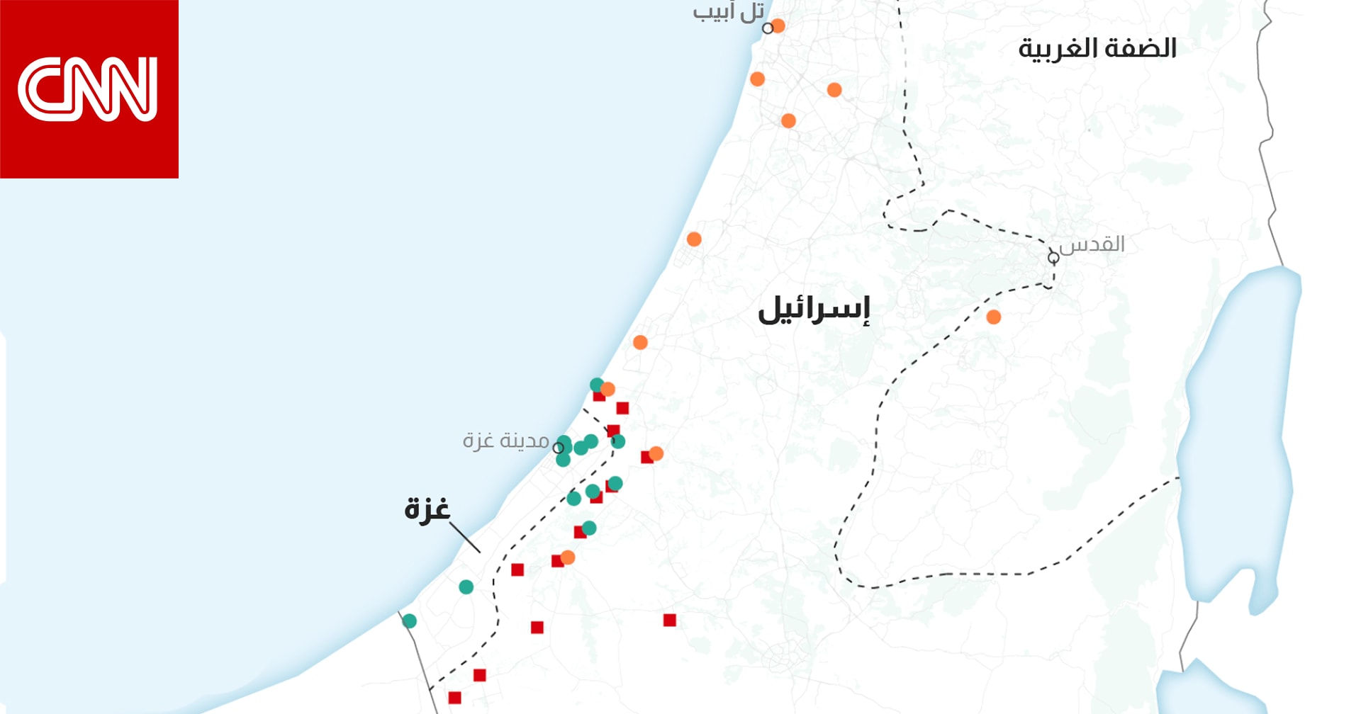 خريطة للمواقع التي تأثرت بالحرب بين الفلسطينيين والإسرائيليين