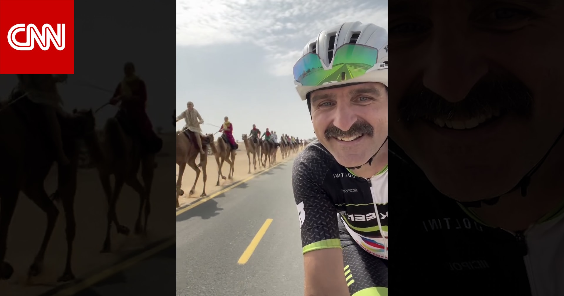 راكب دراجات يوثق مشهدًا استثنائيًا لقافلة إبل تسير بمحاذاته أثناء مشاركته في سباق بالإمارات