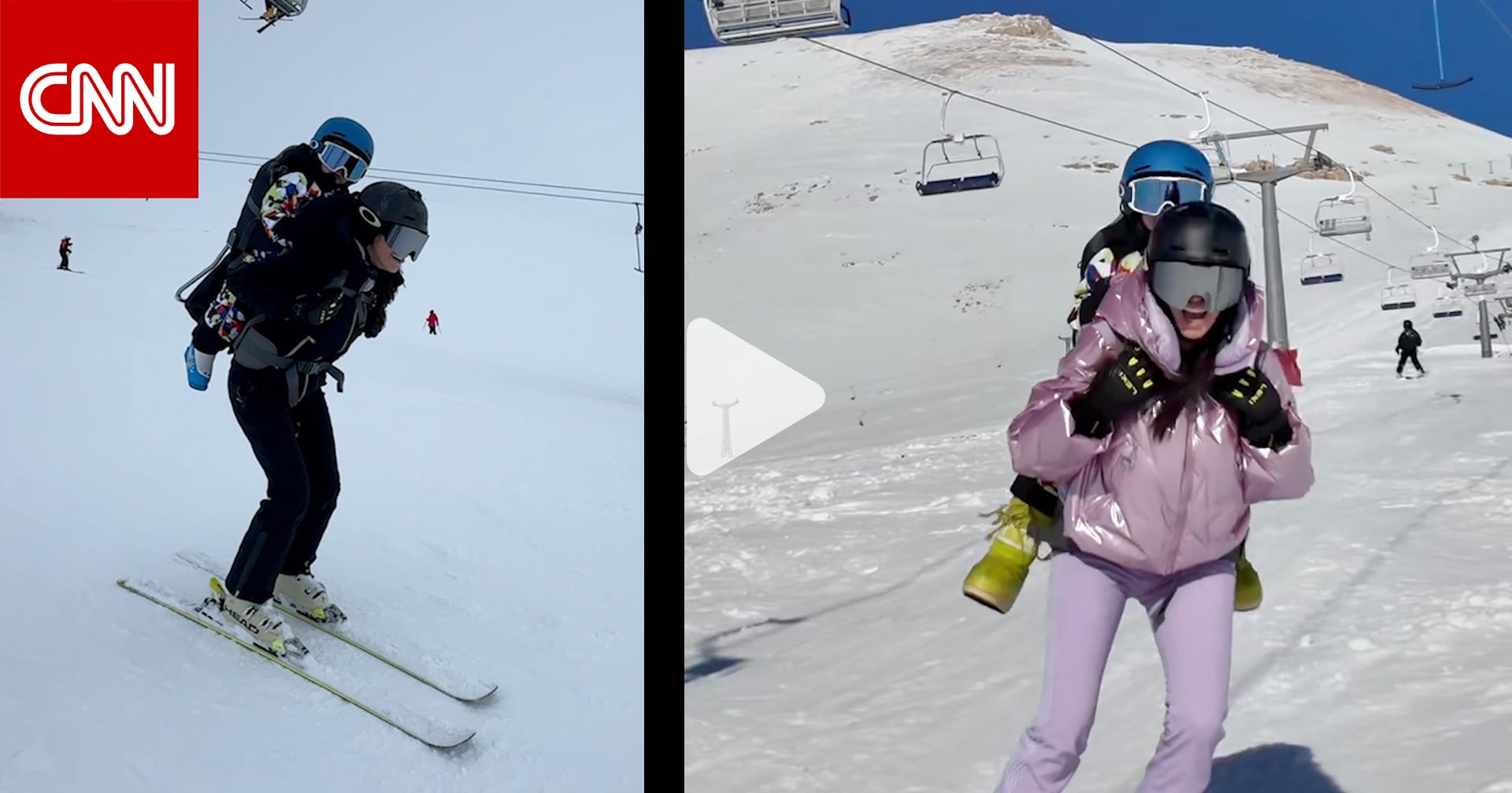 امرأة تحمل طفلها على ظهرها وتتزلج بمنطقة الأرز في لبنان..لمذا أثارت ضجة عبر الإنترنت؟ 