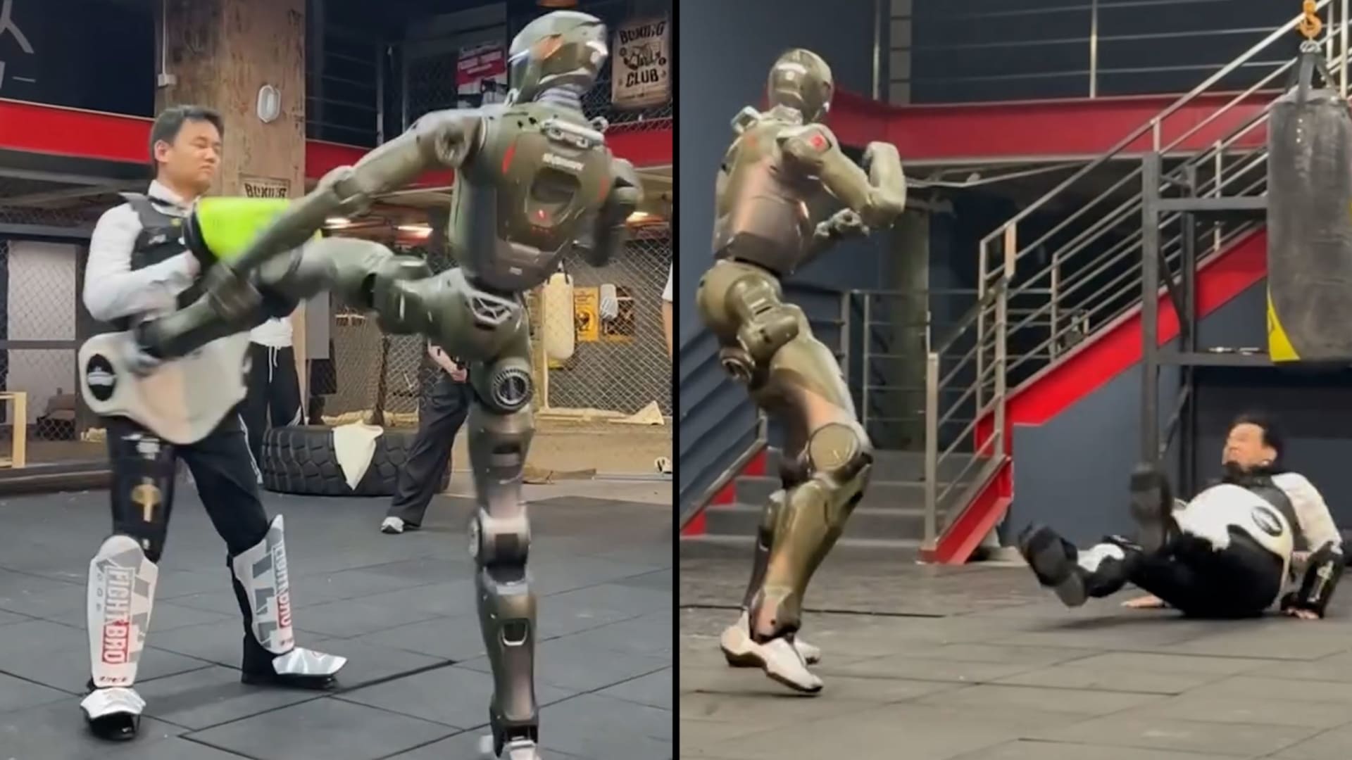 رئيس شركة روبوتات يتعرض لركلة تسقطه أرضًا من روبوت بشري.. شاهد رد فعله