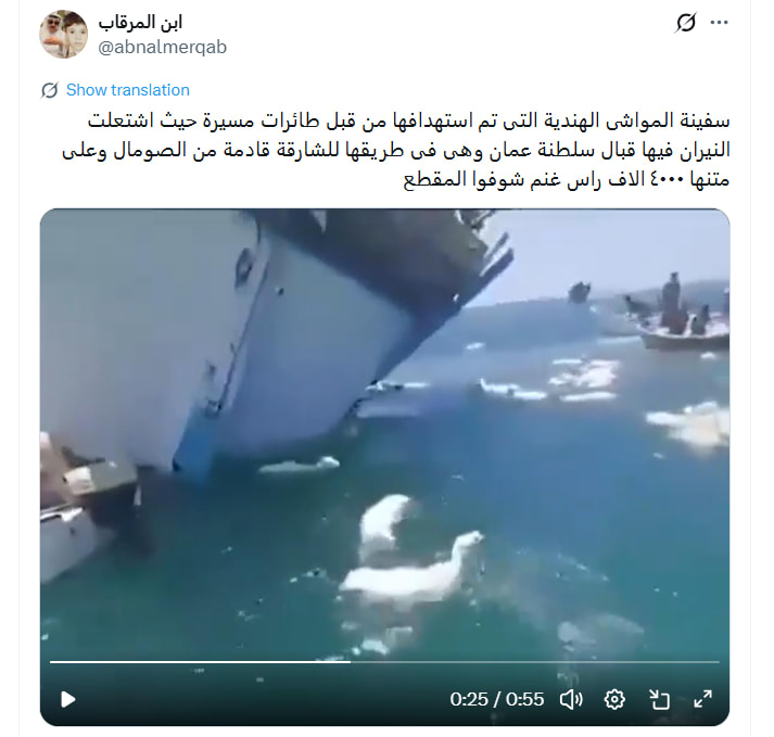  جنوح سفينة تحمل أغناما قبالة سلطنة عمان بعد هجوم بمسيرات .. ما حقيقة الفيديو؟