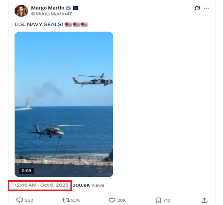 منشور عبر موقع إكس لمارغو مارتن، المساعدة الخاصة ومستشارة الاتصالات للرئيس الأمريكي، يحتوي الفيديو  بتاريخ 6 أكتوبر/تشرين الأول 2025.