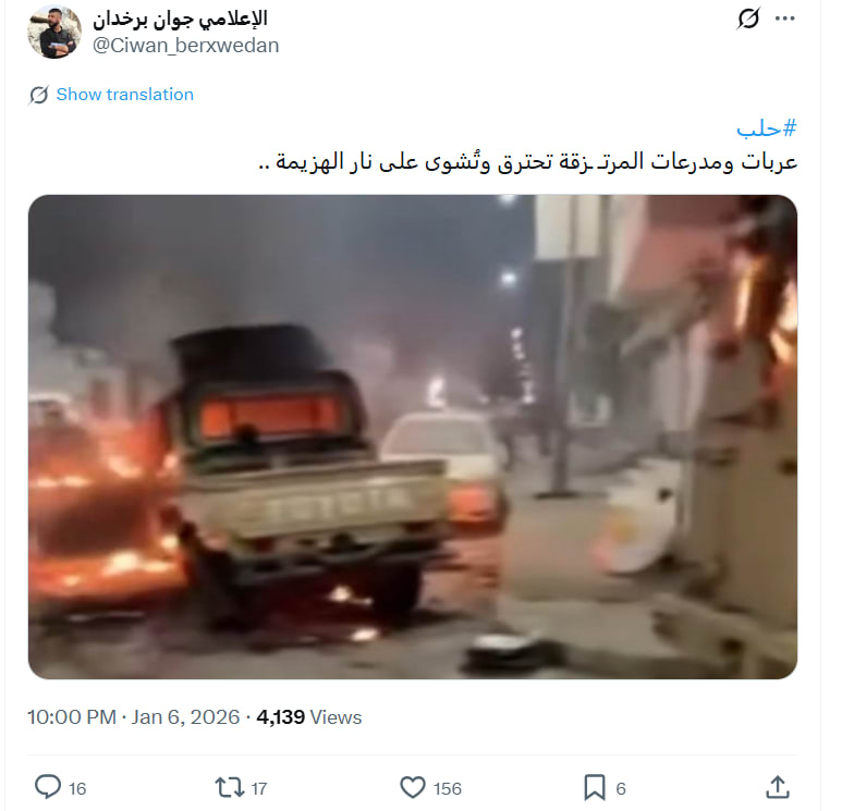 من ليبيا.. حقيقة الصورة المتداولة لـ اشتعال مركبات الجيش السوري في حلب 