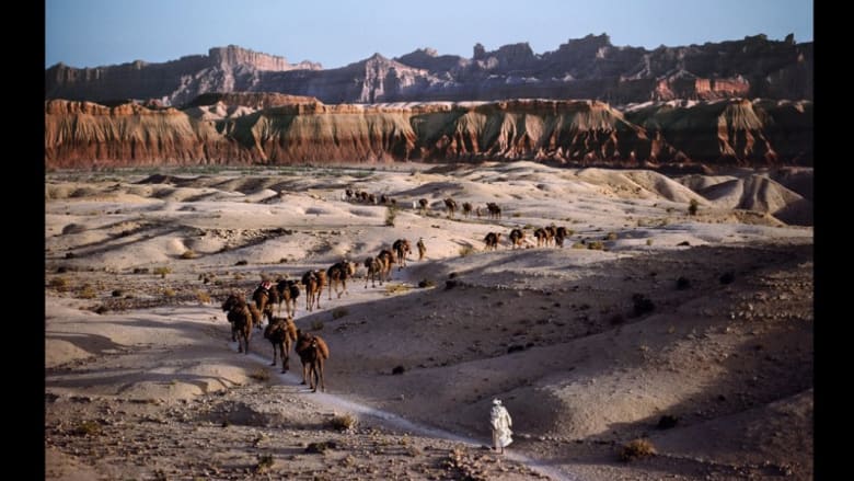 قافلة إبل تقطع طريقها عبر التضاريس الصخرية في جنوب أفغانستان، عام 1980. قافلة إبل تقطع طريقها عبر التضاريس الصخرية في جنوب أفغانستان، عام 1980.