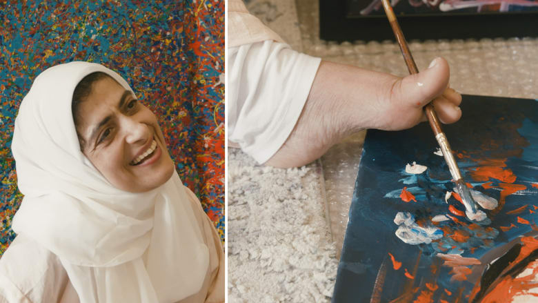 شاهد كيف ترسم فنانة إماراتية بقدميها بدقة بسبب إصابتها بالشلل الدماغي