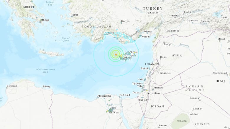 خريطة توضح موقع الزلزال والمناطق التي شُعر به 