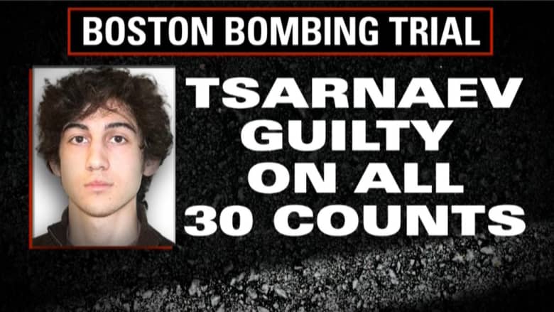 محكمة تفجيرات بوسطن: جوهر تسارناييف مذنب في كل التهم الموجهة ضده وعددها 30 منها 17 تؤهله لعقوبة الإعدام