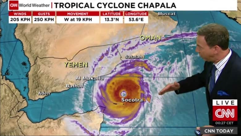 أرصاد CNN: إعصار تشابالا غير الاعتيادي يتجه لليمن وعُمان.. الأقوى منذ 1945 وسيضرب بأمطار تعادل 6 سنوات