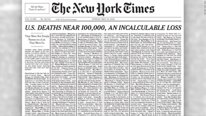 "نيويورك تايمز" تخصص صفحتها الأولى لأسماء ضحايا كورونا: ليسوا مجرد أرقام