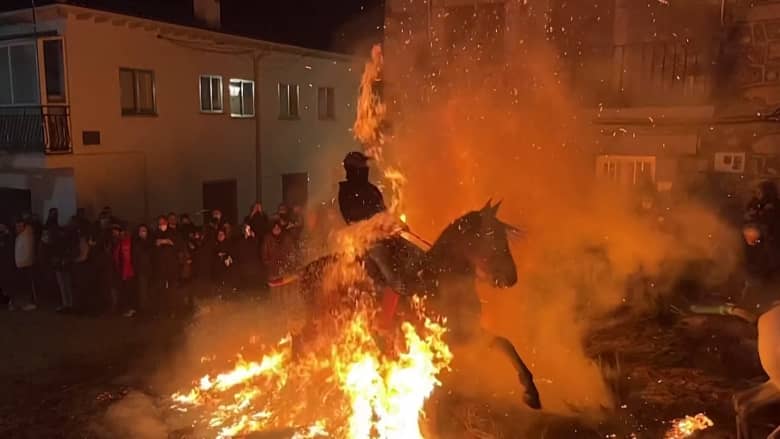 شاهد.. خيول تقفز عبر النار للتطهير في اسبانيا