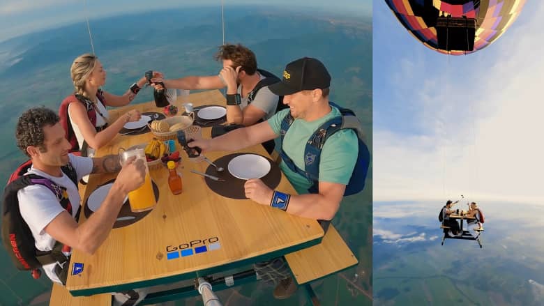 على طاولة معلقة في سماء البرازيل.. شاهد كيف يتناول 4 أشخاص وجبة فطورهم