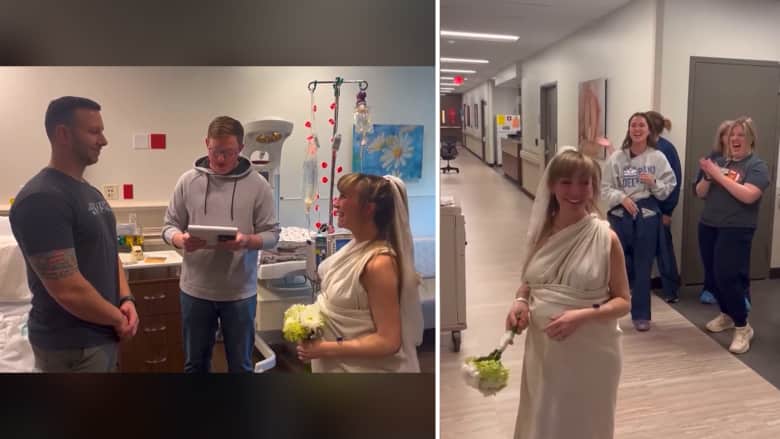 الفستان صُنع من بطانيات سرير المستشفى.. شاهد عروس تتزوج أثناء مخاضها