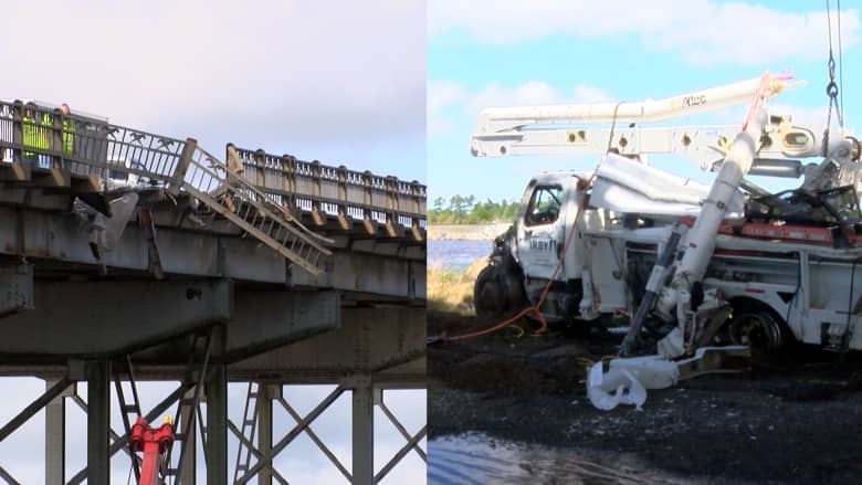 شاهد.. سقوط شاحنة من أعلى جسر إلى المياه بعد حادث تسلسلي