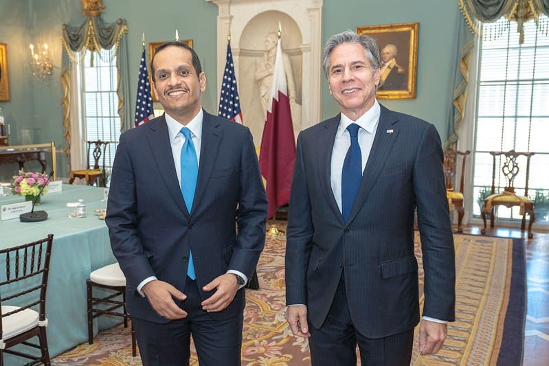 جانب من لقاء وزير الخارجية الأمريكي أنتوني بلينكن مع نظيره القطري الشيخ محمد بن عبدالرحمن آل ثاني