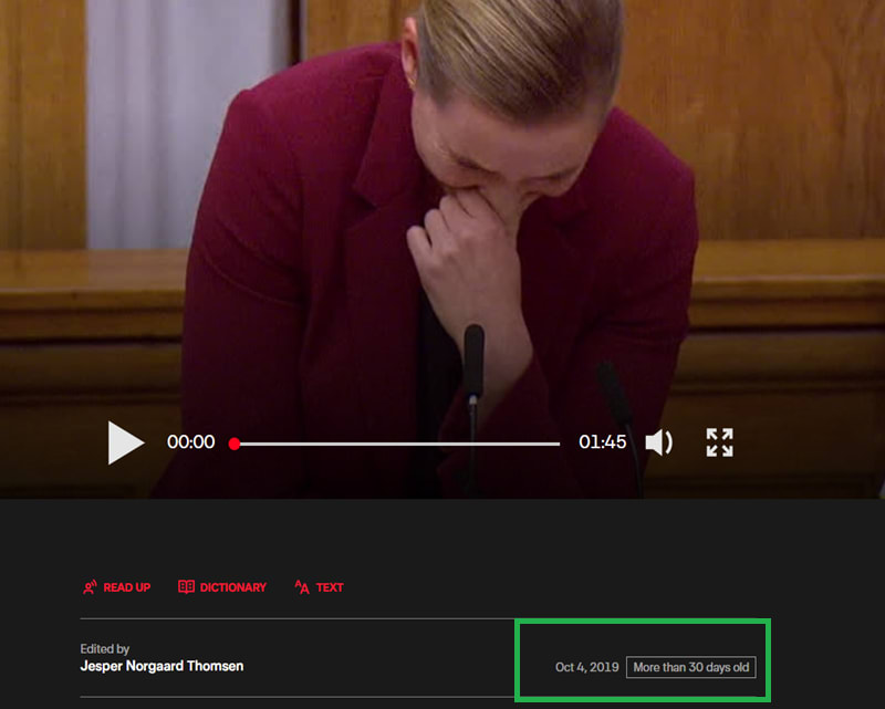 لقطة شاشة لموقع هيئة الإذاعة الدنماركية لدى نشره الفيديو في 4 أكتوبر/تشرين الأول 2019