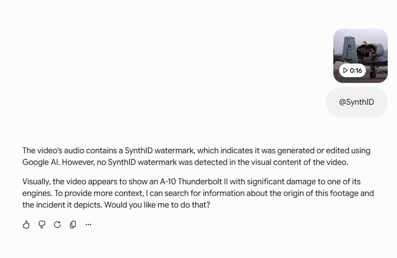 نتائج فحص الفيديو عن طريق خدمة SynthID المُدمجة في نموذج شركة غوغل للذكاء الاصطناعي (Gemini)