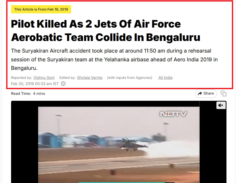 تقرير موقع NDTV عن حادثة الاصطدام الجوي بين طائرتي العرض الجوي
