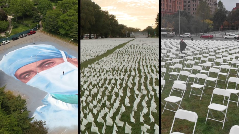 نصب تذكارية عملاقة رسمت بالكراسي والأعلام لـ300 ألف أمريكي فقدوا أرواحهم بسبب كورونا